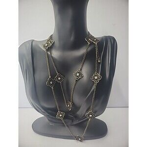 Vintage Premier Designs Necklace  Flapper Gold Tone Flower Iridescent Crystal
